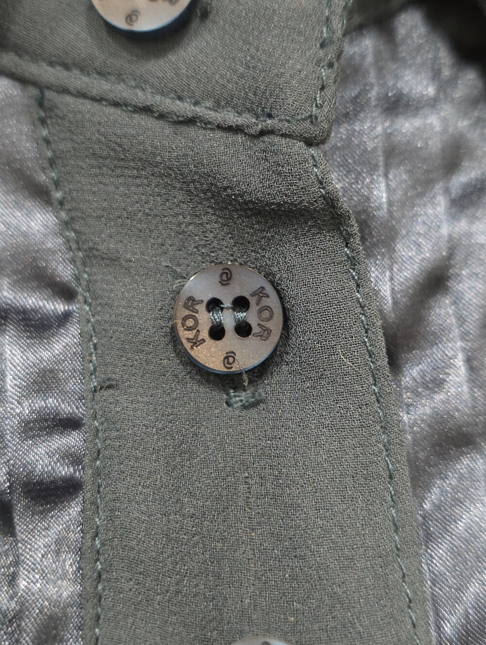 Rare Kor@Kor Sheer Dark Turquoise Satin Pleated Bib Button Down Blouse - Picture 5 of 14